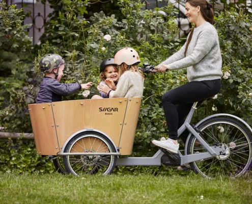 Siigar bikes elektrisk ladcykel med børn i parken Sikker og effektiv transport